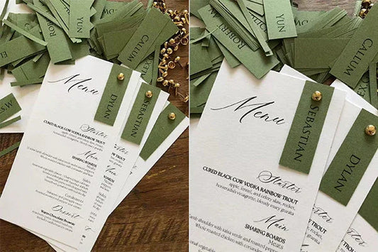 green wedding menu with guest name