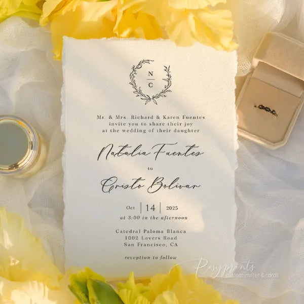 Deckled edge wedding invitations rustic handmade custom online Rosy