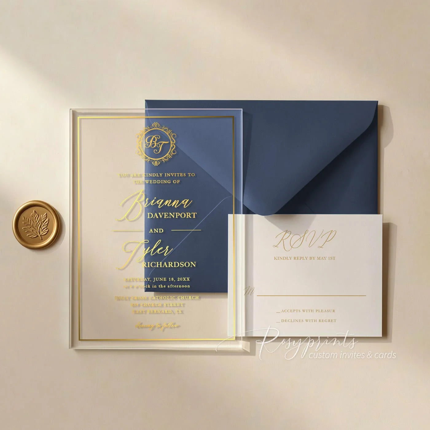 Gold foil monogram clear acrylic glass invitations ROSYA129