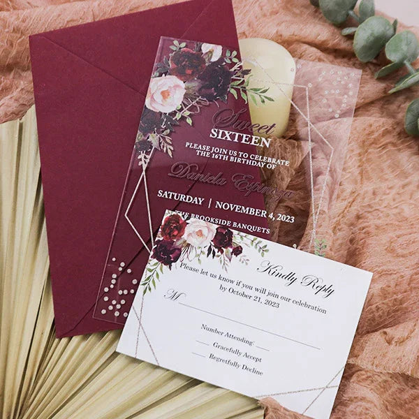 red and rose gold clear quince sweet 16 invitations ROSYA64 - Rosy Prints