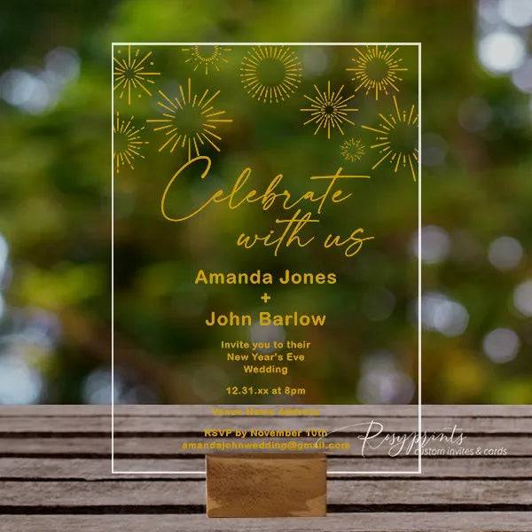 gold firework new year's eve clear acrylic wedding invitations ROSYA111 - Rosy Prints