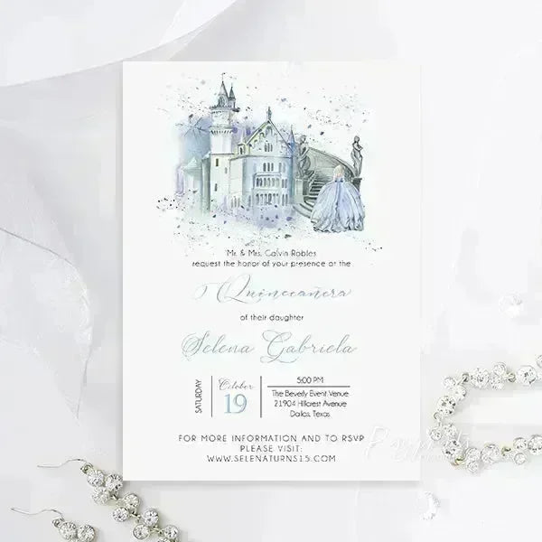 Cinderella fairytale light blue birthday invitations ROSG21 - Rosy Prints