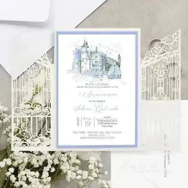 Cinderella fairytale light blue birthday invitations ROSG21 - Rosy Prints