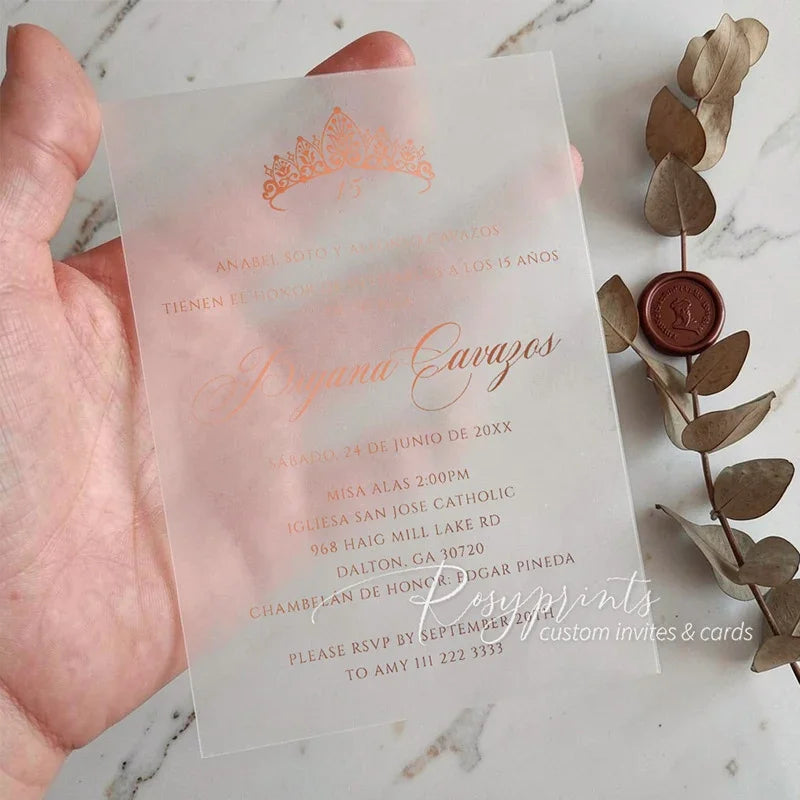 rose gold foil quince save the date with vellum overlay