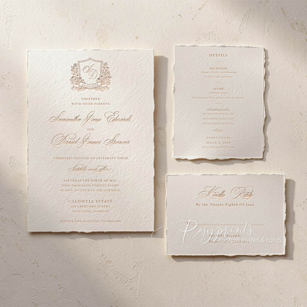 wild flower crest letterpress printing wedding invitations ROSYL16
