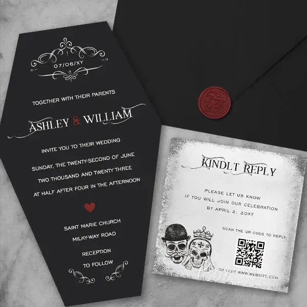 black coffin shape Halloween wedding invitations RPS16-1 - Rosy Prints