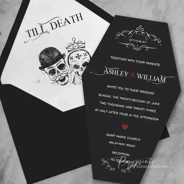 black coffin shape Halloween wedding invitations RPS16-1 - Rosy Prints