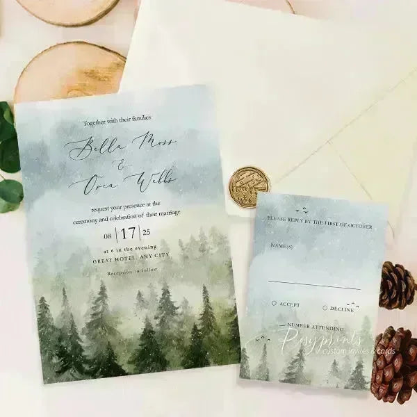 rustic mountain pine tree forest wedding invitations RPS32 - Rosy Prints