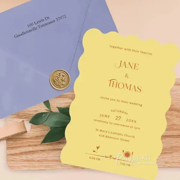 Yellow orange and blue retro wedding invitations RPS16-2 - Rosy Prints