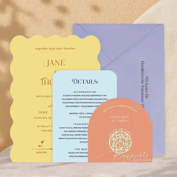 Yellow orange and blue retro wedding invitations RPS16-2 - Rosy Prints