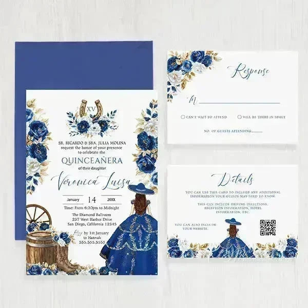 western charra royal blue Spanish Quinceanera invitations RPS36 - Rosy Prints