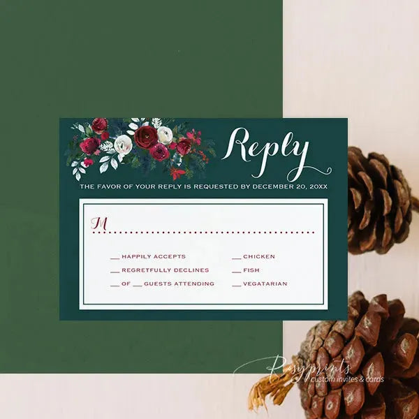 Rustic red green winter Christmas wedding invitations ROSYP30 - Rosy Prints