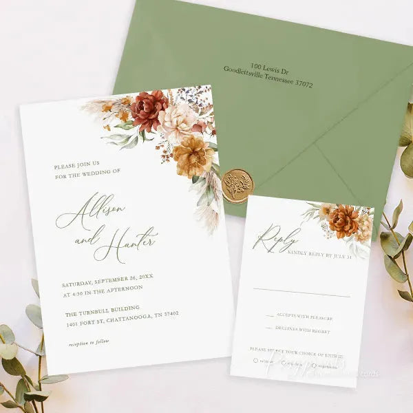 terracotta and sage green boho wedding invitations RPS25 - Rosy Prints