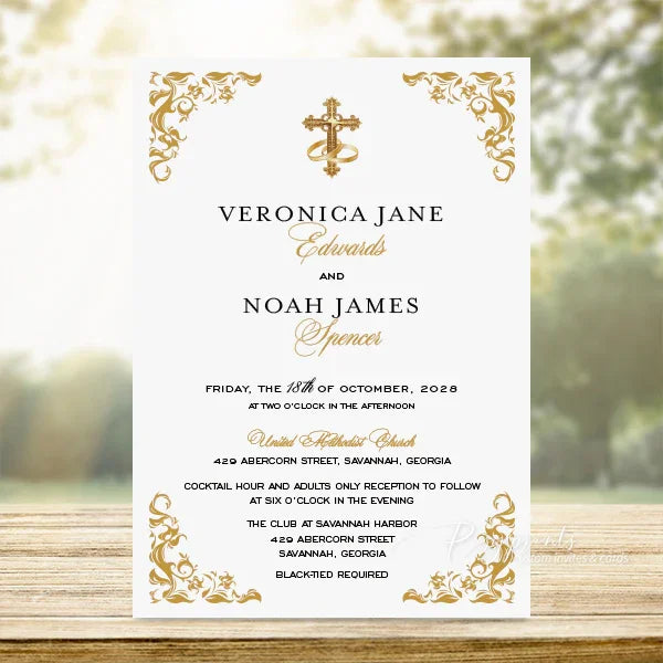 formal gold white roman church catholic wedding invitations