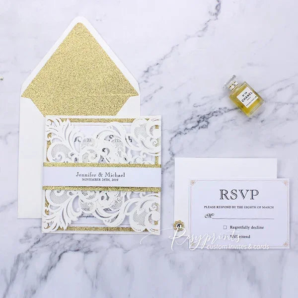 elegant classy ivory and gold glitter laser cut wedding invitations