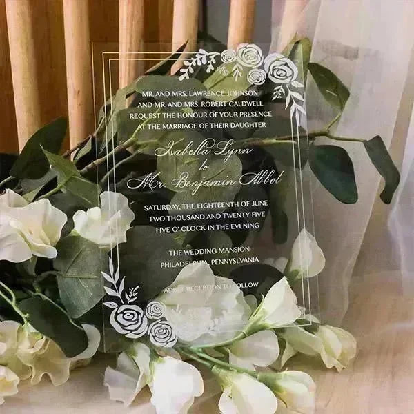 elegant white rose clear acrylic wedding invitations ROSYA29 - Rosy Prints