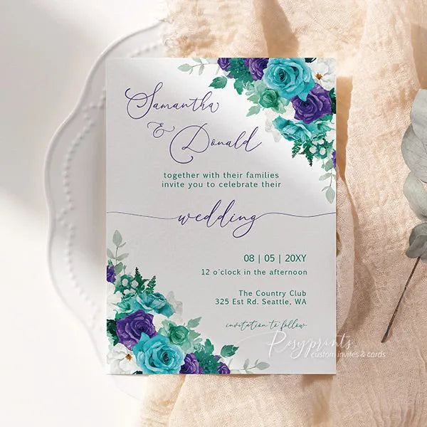 affordable purple and teal floral wedding invitations