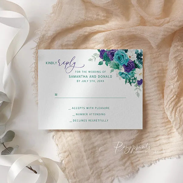 affordable purple and teal floral wedding invitations