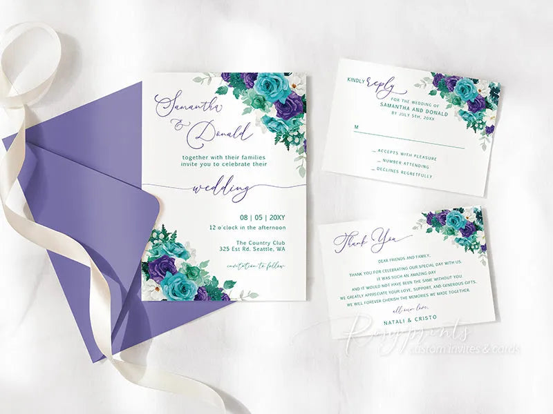 affordable purple and teal floral wedding invitations