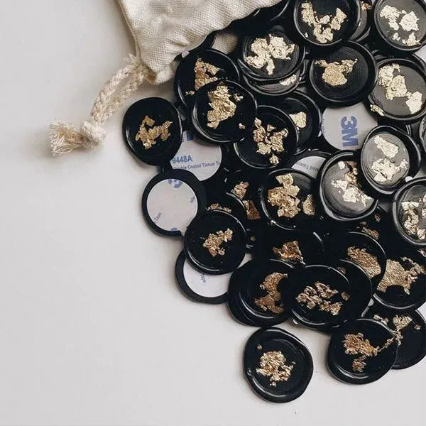 gold foil flake black wax seals for invitations, Self adhesive, Premade