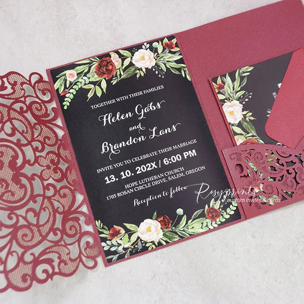 black and red botanical pocket wedding invitations RPFLAT05 - Rosy Prints