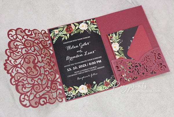 black and red botanical pocket wedding invitations RPFLAT05 - Rosy Prints