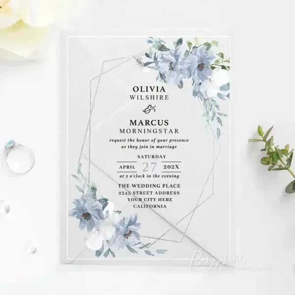 dusty blue and white acrylic wedding invitations ROSYA27 - Rosy Prints