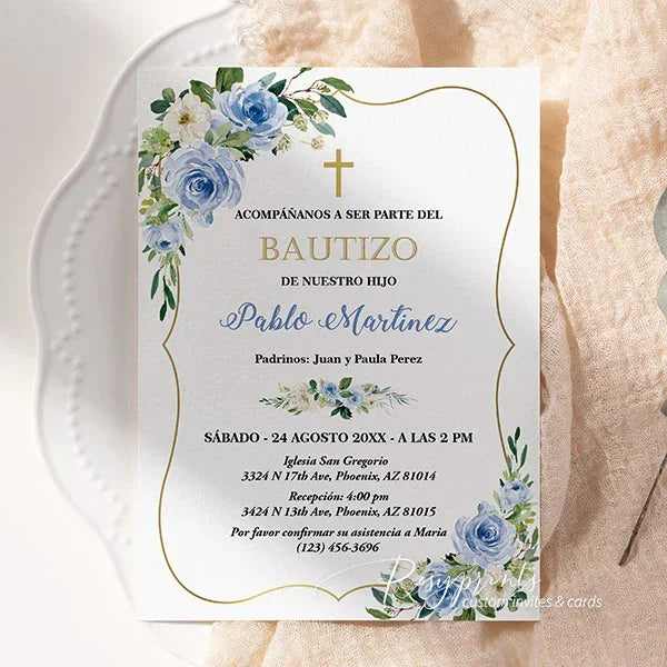 budget blue Spanish bautizo christening and birthday invitations RPB17 - Rosy Prints