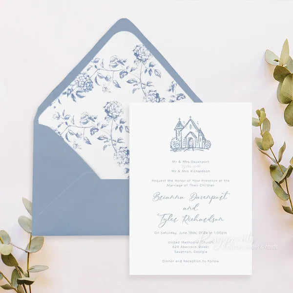 simple blue chapel church hand drawn wedding invitations