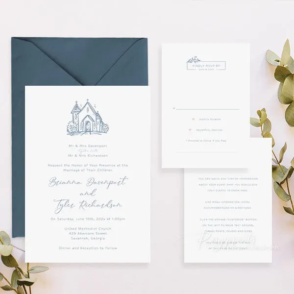 simple blue chapel church hand drawn wedding invitations