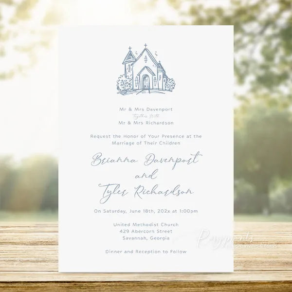 simple blue chapel church hand drawn wedding invitations