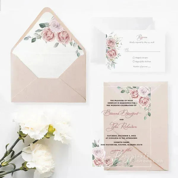 blush pink floral acrylic wedding invitations ROSYA15 - Rosy Prints
