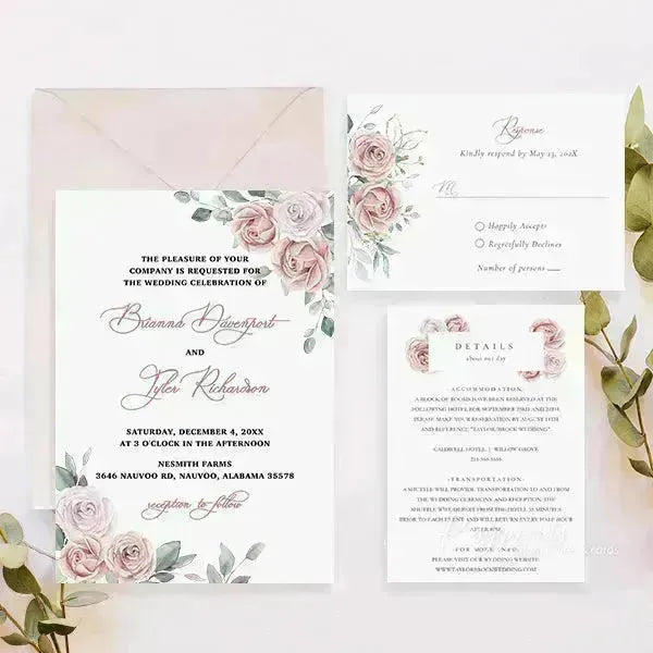 pastel rose pink rustic floral wedding invitations RPS41 - Rosy Prints