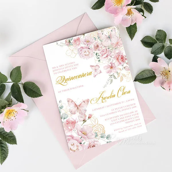 pink floral quinceanera invitation butterfly 15th 16th birthday invite ROSYP66 - Rosy Prints
