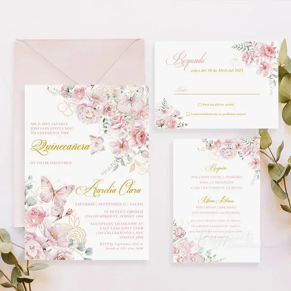 pink floral quinceanera invitation butterfly 15th 16th birthday invite ROSYP66 - Rosy Prints