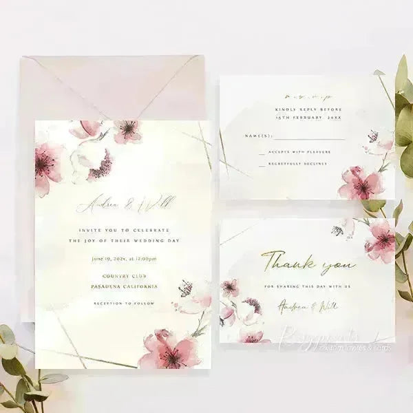 pink cheery blossom spring flowers wedding invitations RPV14 - Rosy Prints
