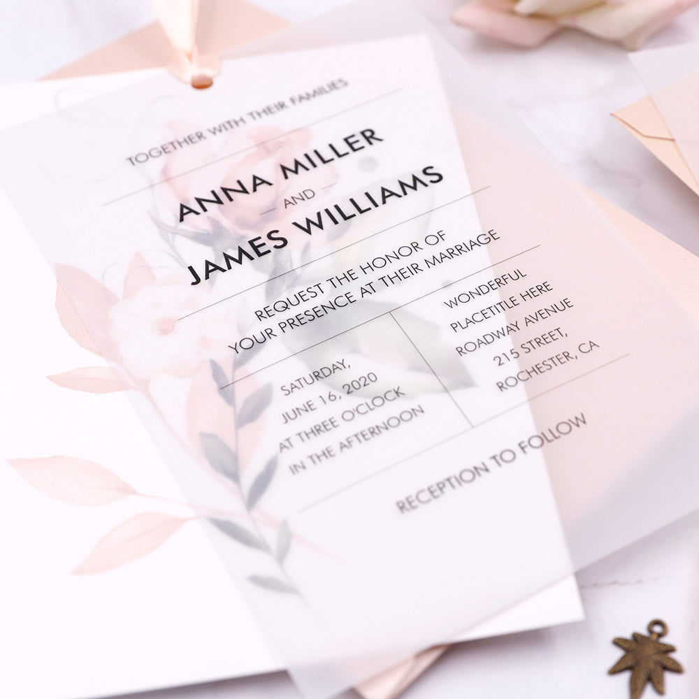 blush dusty rose vellum paper overlay wedding invitations