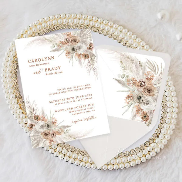 Earth tone boho terracotta floral vellum wedding invitations ROSYV05 - Rosy Prints