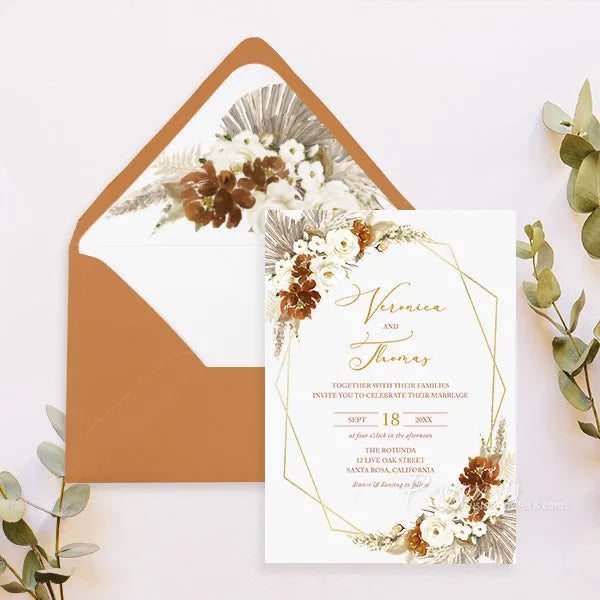 Terracotta White Flowers Boho Wedding Invitations RPS47 - Rosy Prints