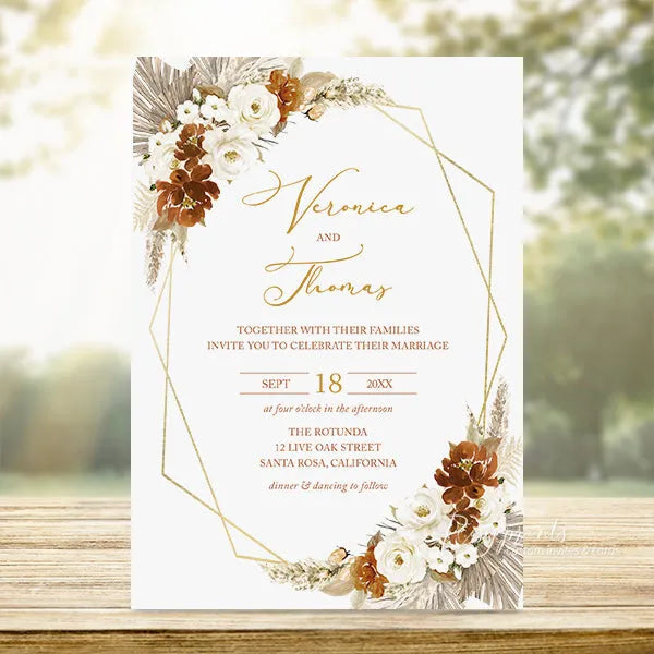 Terracotta White Flowers Boho Wedding Invitations RPS47 - Rosy Prints