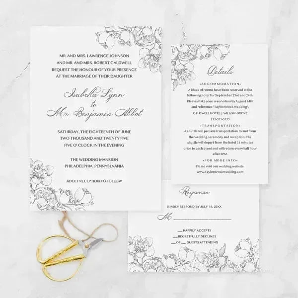 botanical floral black and white wedding invitations ROSYV01 - Rosy Prints