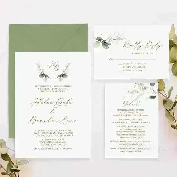 rustic sage green and brown overlay wedding invitations RPO02 - Rosy Prints