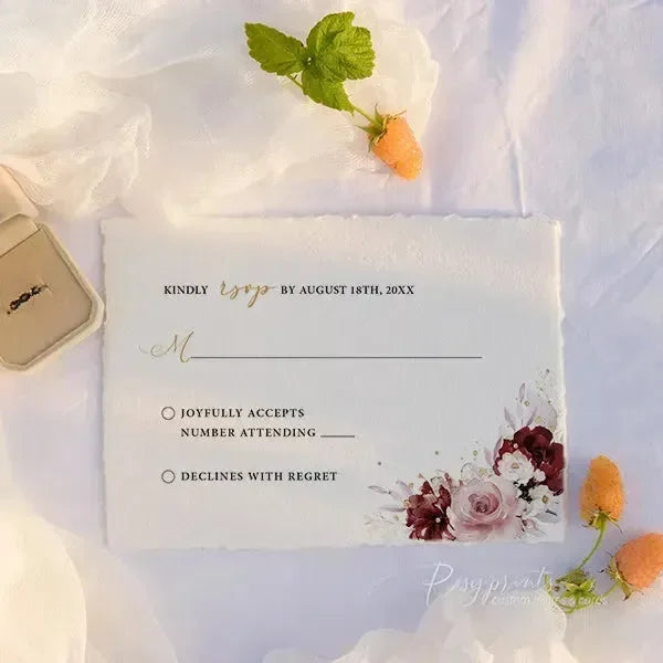 burgundy pink floral deckled edge wedding invitations ROSYD11 - Rosy Prints