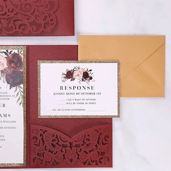 burgundy pink gold rustic flower wedding invitations ROSYP33 - Rosy Prints