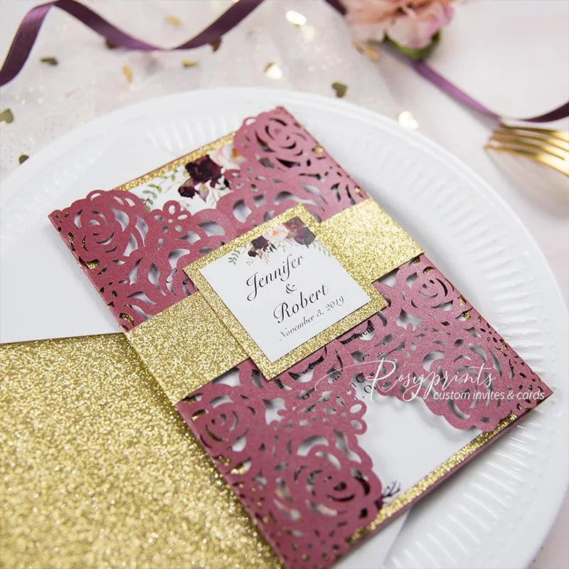 burgundy red and gold rustic floral wedding invitations ROSYG29 - Rosy Prints