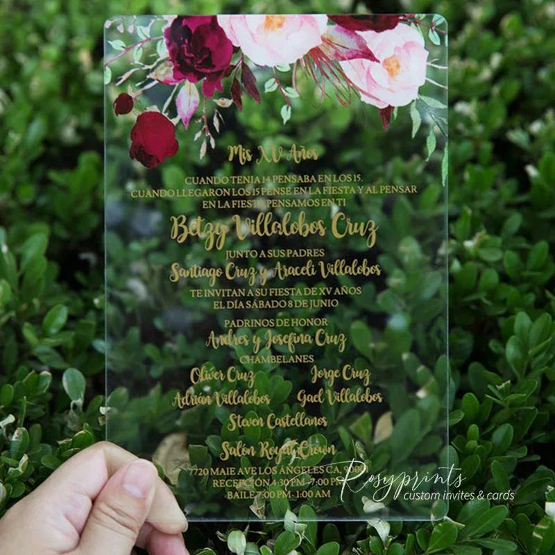 burgundy red flower acrylic wedding quinceanera invitations