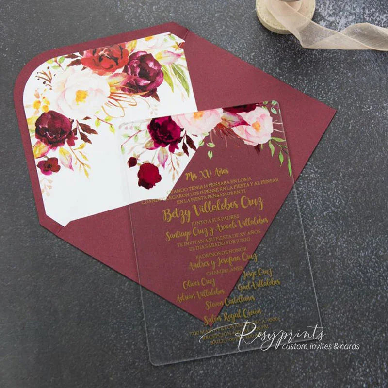 burgundy red flower acrylic wedding quinceanera invitations