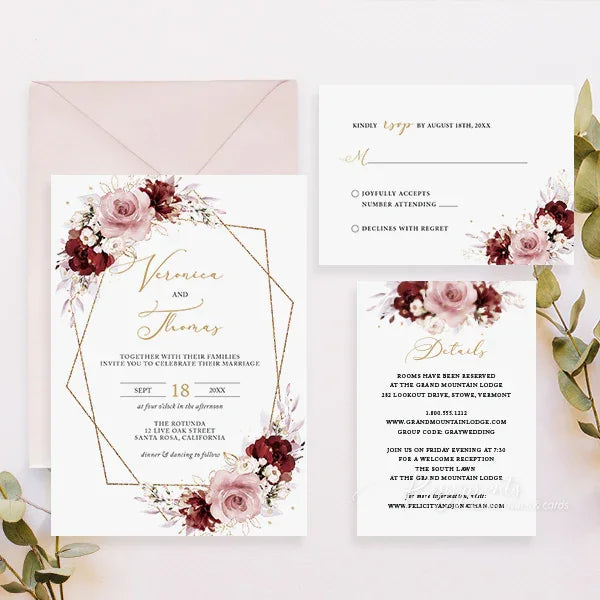 rustic burgundy dusty rose vellum jacket wedding invitations