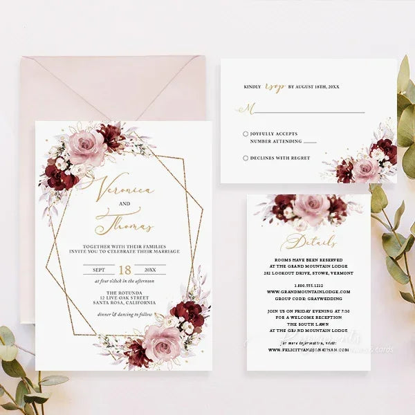 rustic burgundy dusty rose vellum jacket wedding invitations