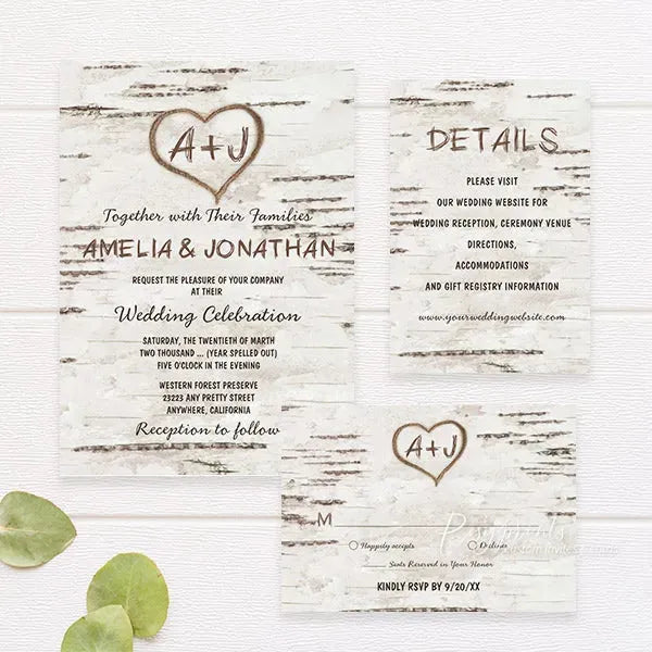 Carved heart oak tree rustic wedding invitations RPS23 - Rosy Prints